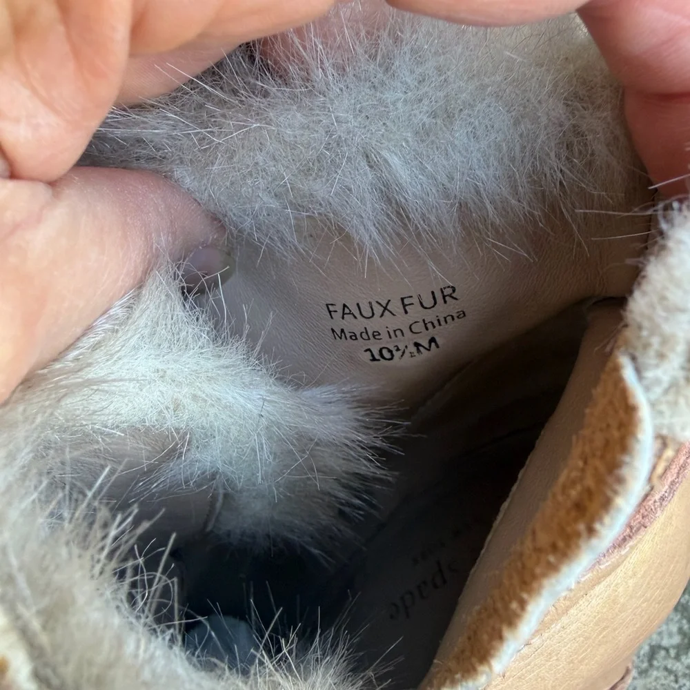 kate spade Tay Booties Tan Leather Wedge Ankle Boots w/ Faux Fur Trim Sz-10.5. X